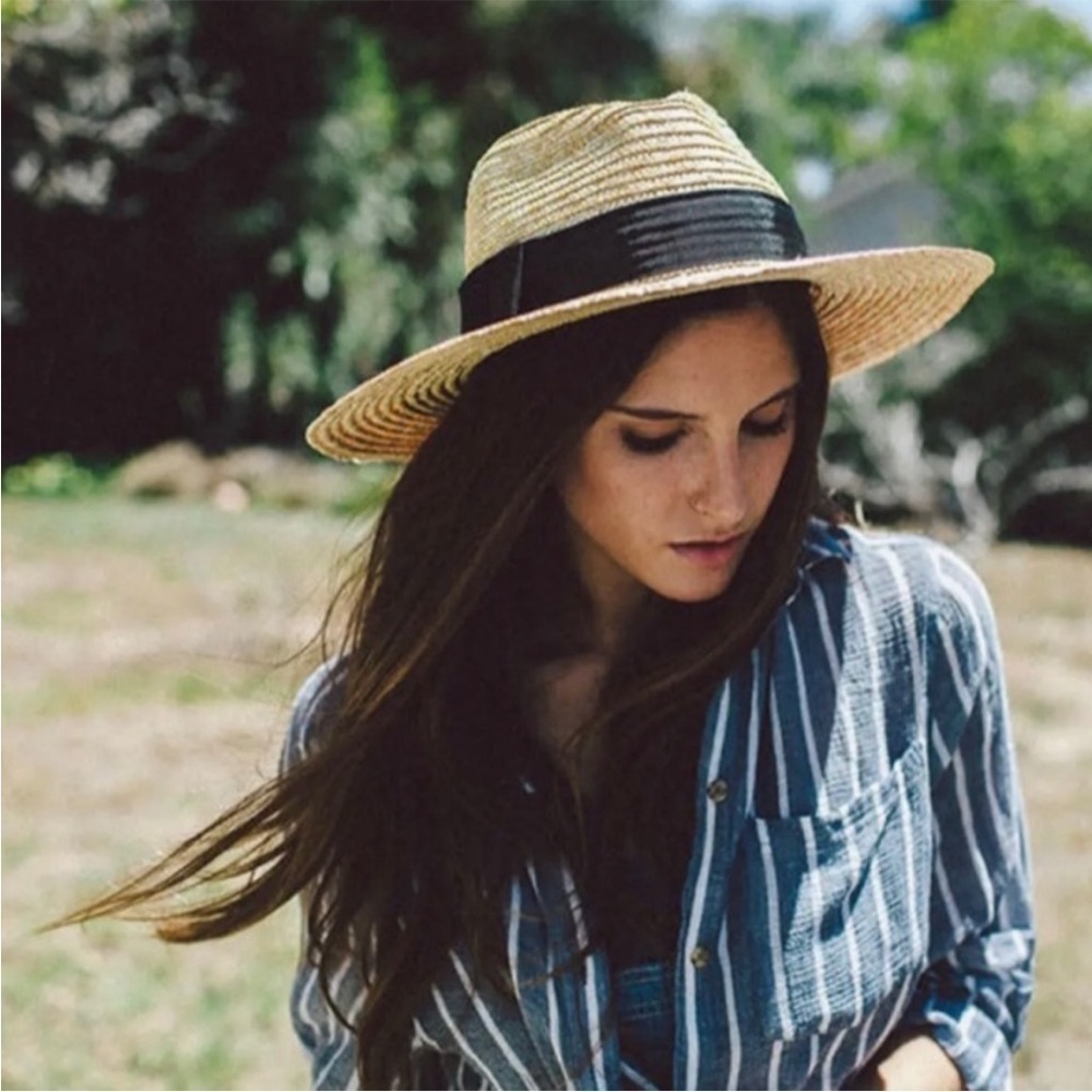 Brixton Joanna Wide Brim Straw Hat Honey Black Medium Summer Sun Fedora Boho - Picture 4 of 10